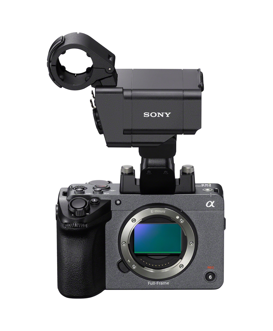 Front view of the Sony FX5 with the XLR-H2 audio handle