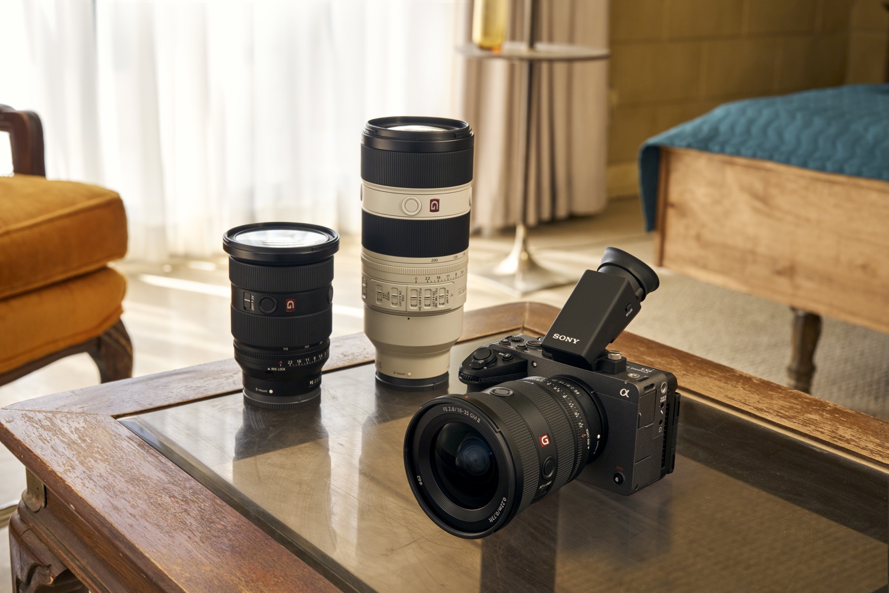 Sony FX5 with optional viewfinder and three Sony E-mount lenses